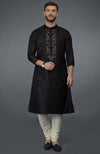 Black Silk Kurta With Floral Embroidered Placket Detail