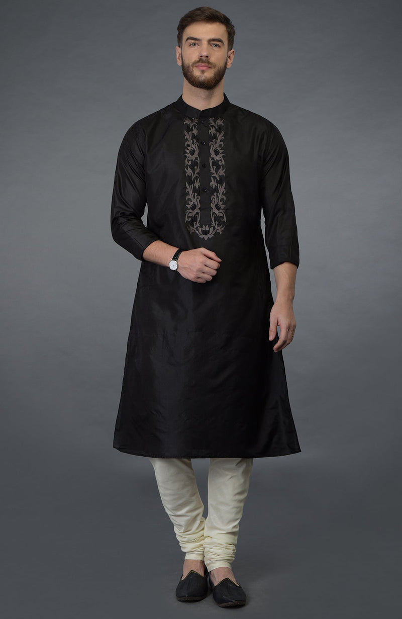 Black Silk Kurta With Floral Embroidered Placket Detail