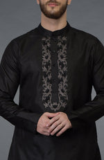 Black Silk Kurta With Floral Embroidered Placket Detail