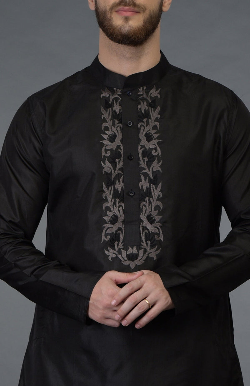 Black Silk Kurta With Floral Embroidered Placket Detail