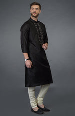 Black Silk Kurta With Floral Embroidered Placket Detail