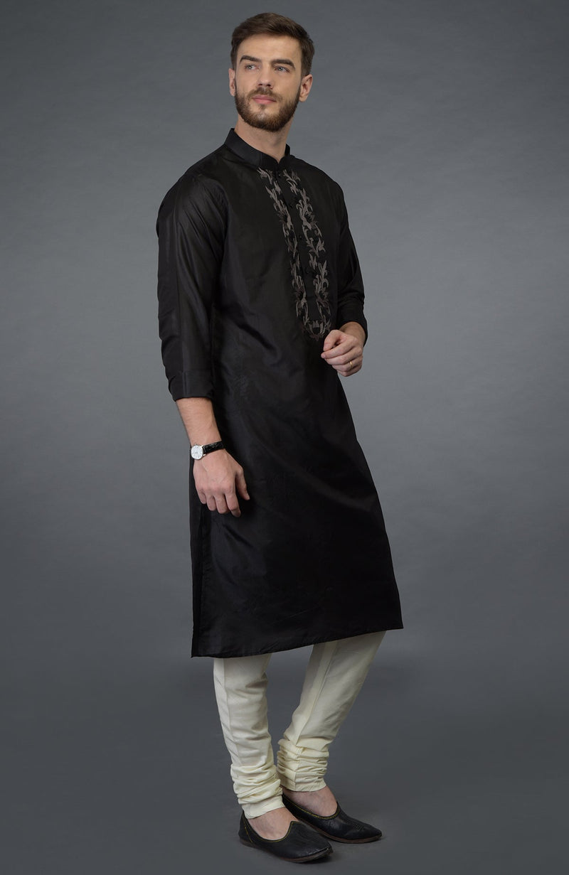Black Silk Kurta With Floral Embroidered Placket Detail