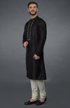 Black Silk Kurta With Floral Embroidered Placket Detail