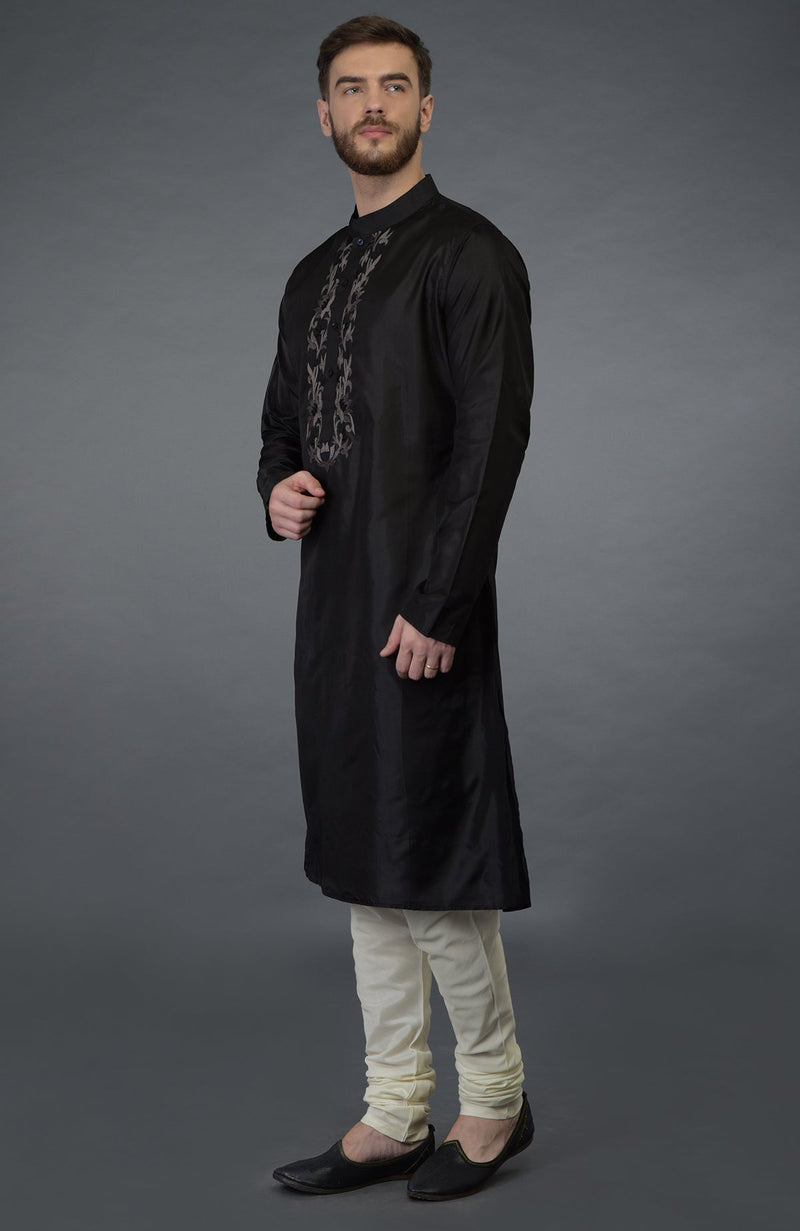 Black Silk Kurta With Floral Embroidered Placket Detail