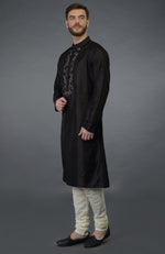 Black Silk Kurta With Floral Embroidered Placket Detail