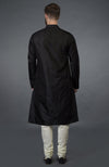 Black Silk Kurta With Floral Embroidered Placket Detail