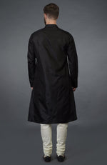 Black Silk Kurta With Floral Embroidered Placket Detail