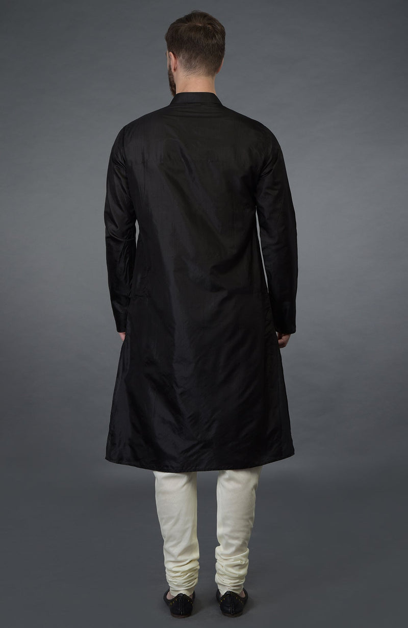 Black Silk Kurta With Floral Embroidered Placket Detail