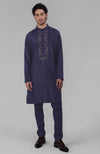 Black Silk Kurta With Floral Embroidered Placket Detail