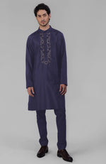 Black Silk Kurta With Floral Embroidered Placket Detail