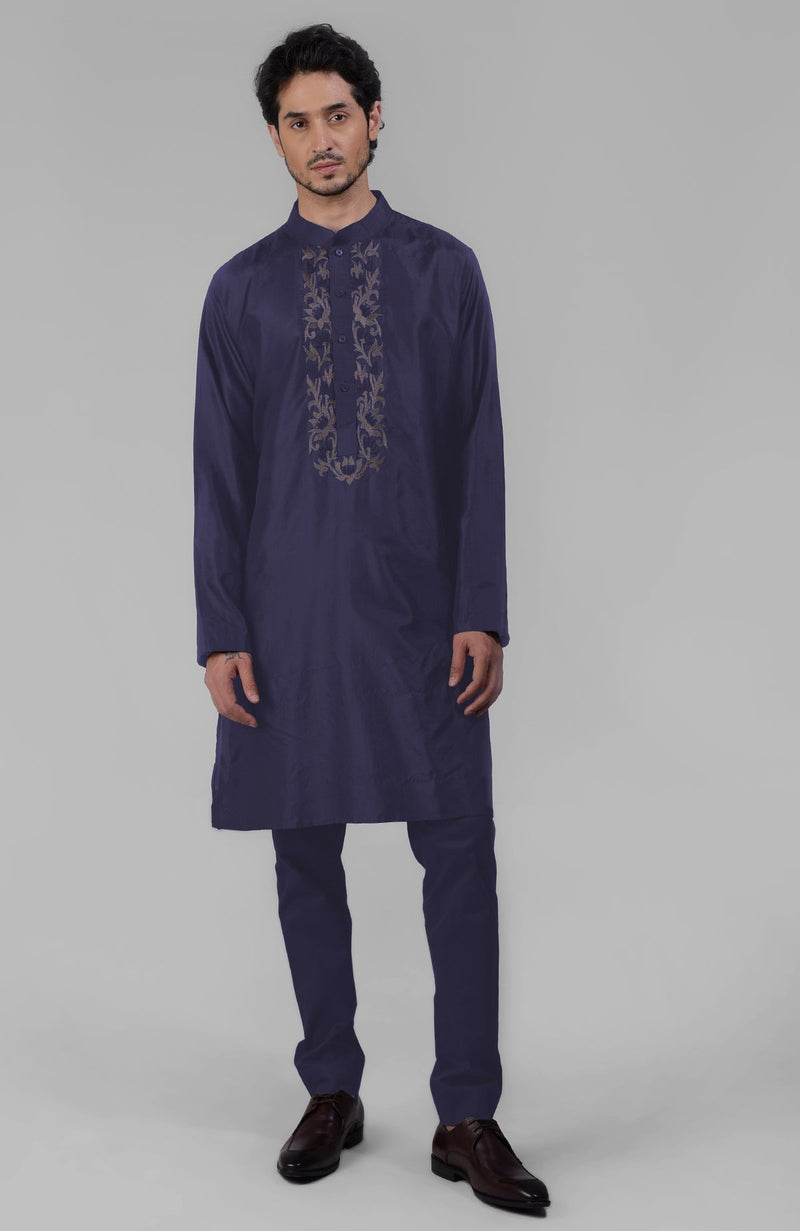 Black Silk Kurta With Floral Embroidered Placket Detail