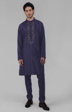 Teal Silk Kurta With Floral Embroidered Placket Detail