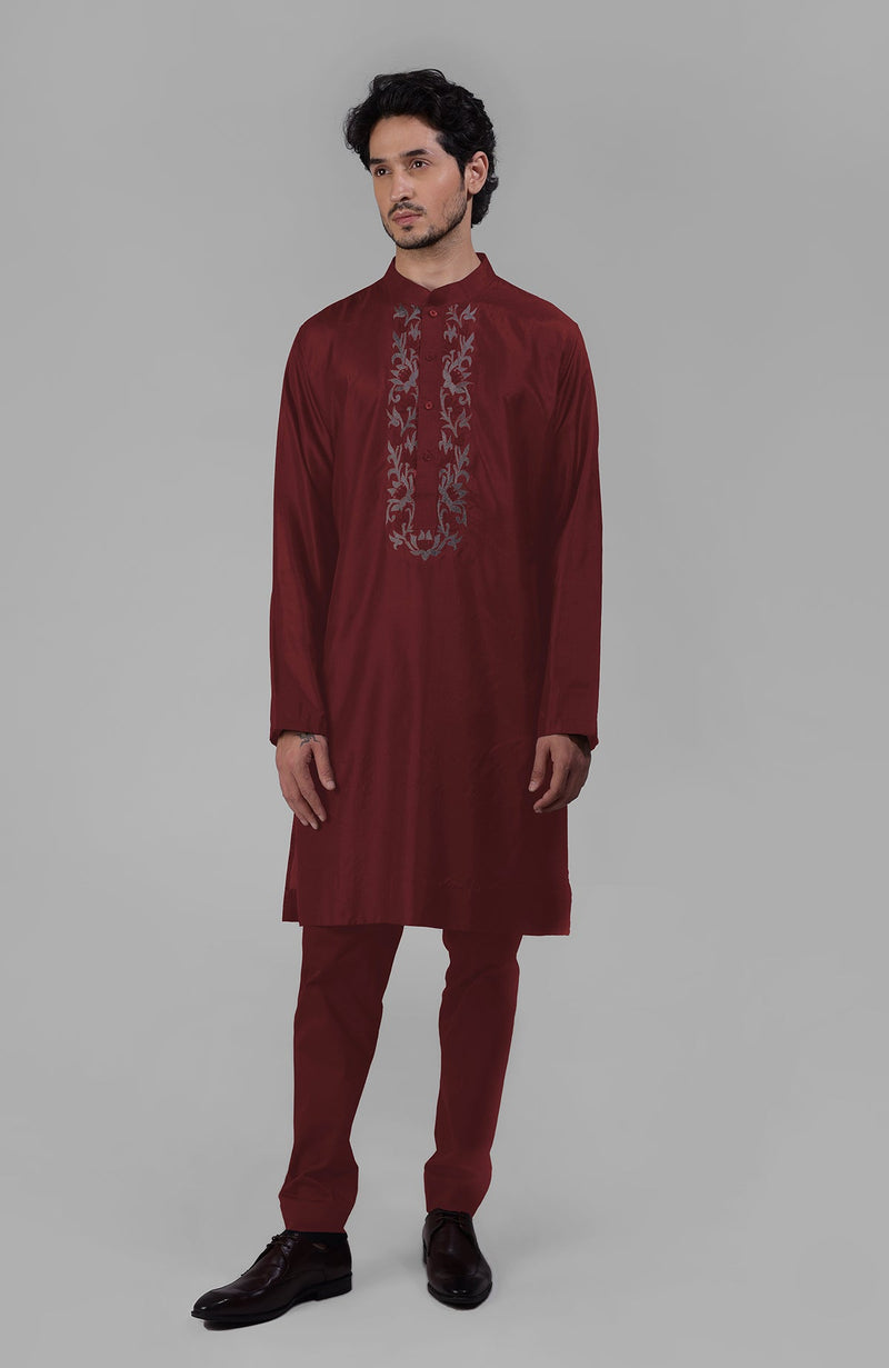 Black Silk Kurta With Floral Embroidered Placket Detail