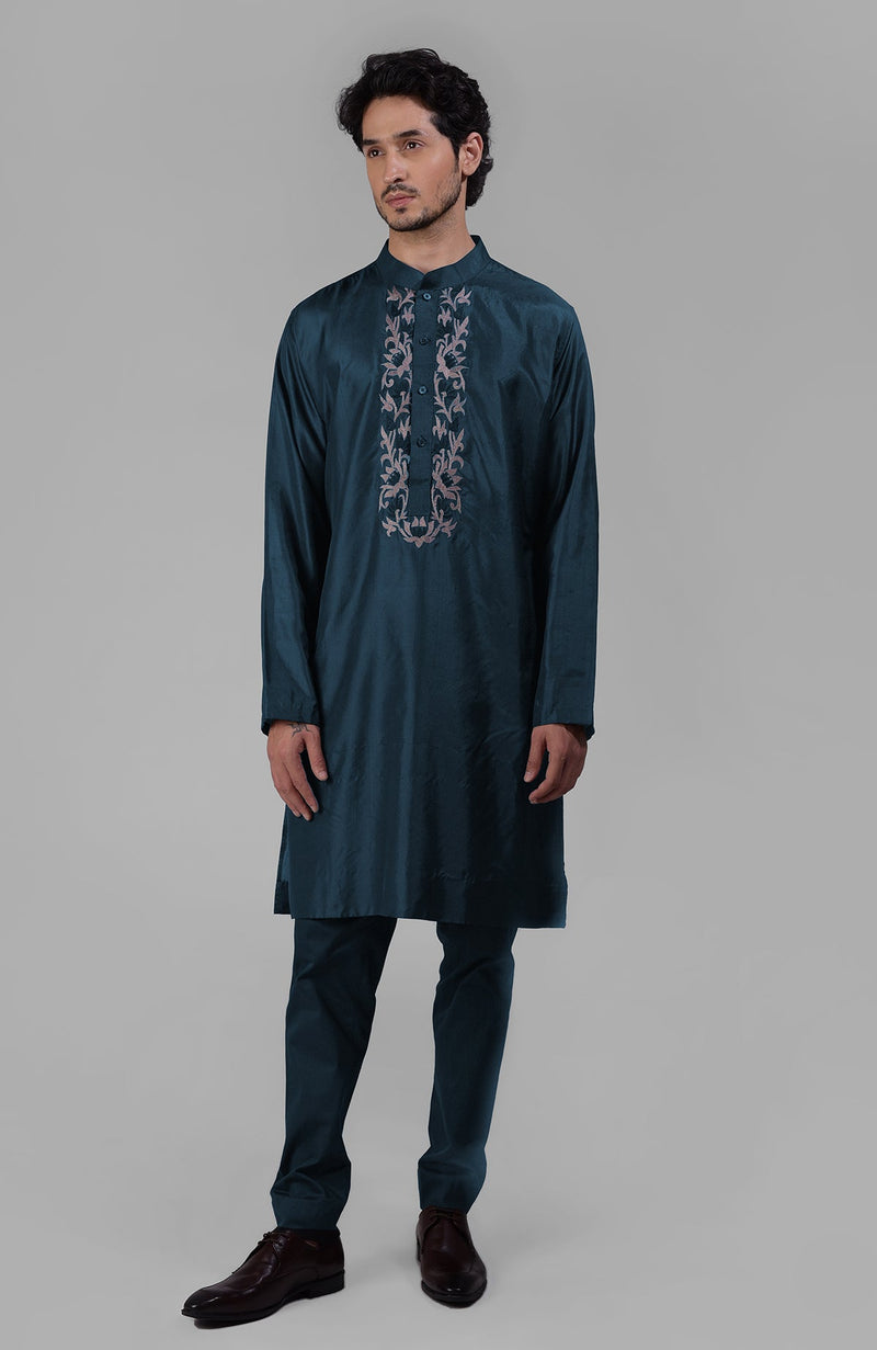 Teal Silk Kurta With Floral Embroidered Placket Detail