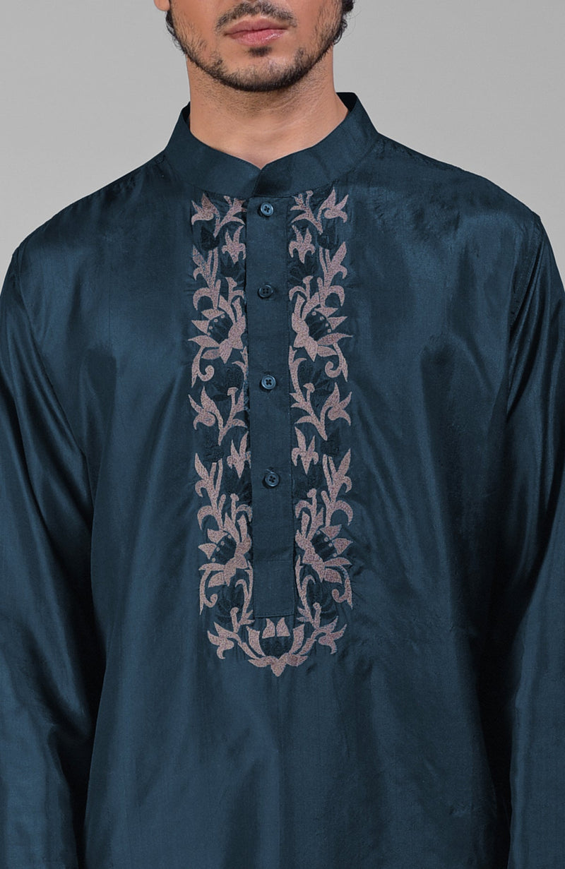 Teal Silk Kurta With Floral Embroidered Placket Detail