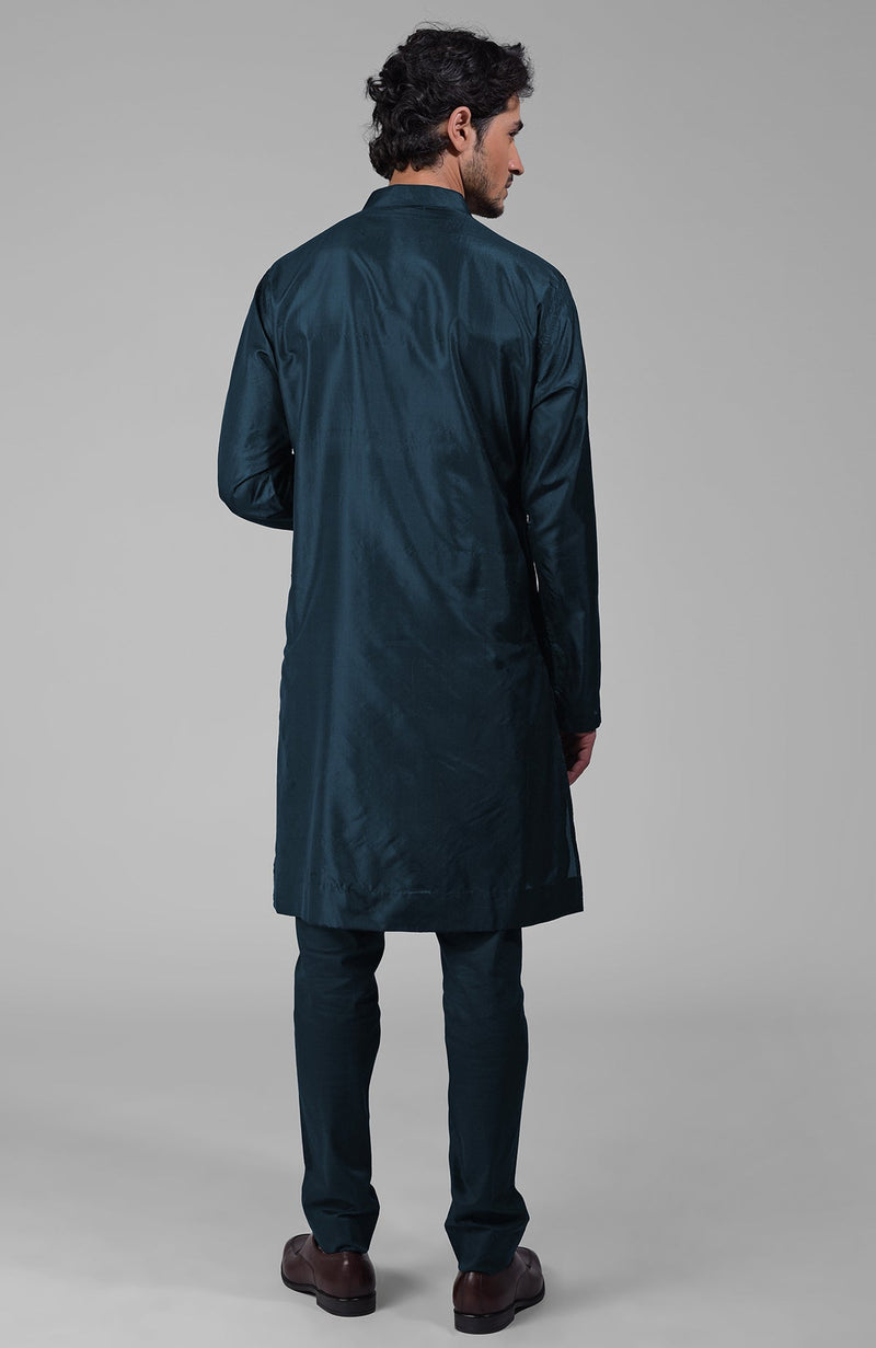 Teal Silk Kurta With Floral Embroidered Placket Detail