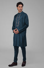 Teal Silk Kurta With Floral Embroidered Placket Detail