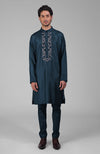 Teal Silk Kurta With Floral Embroidered Placket Detail