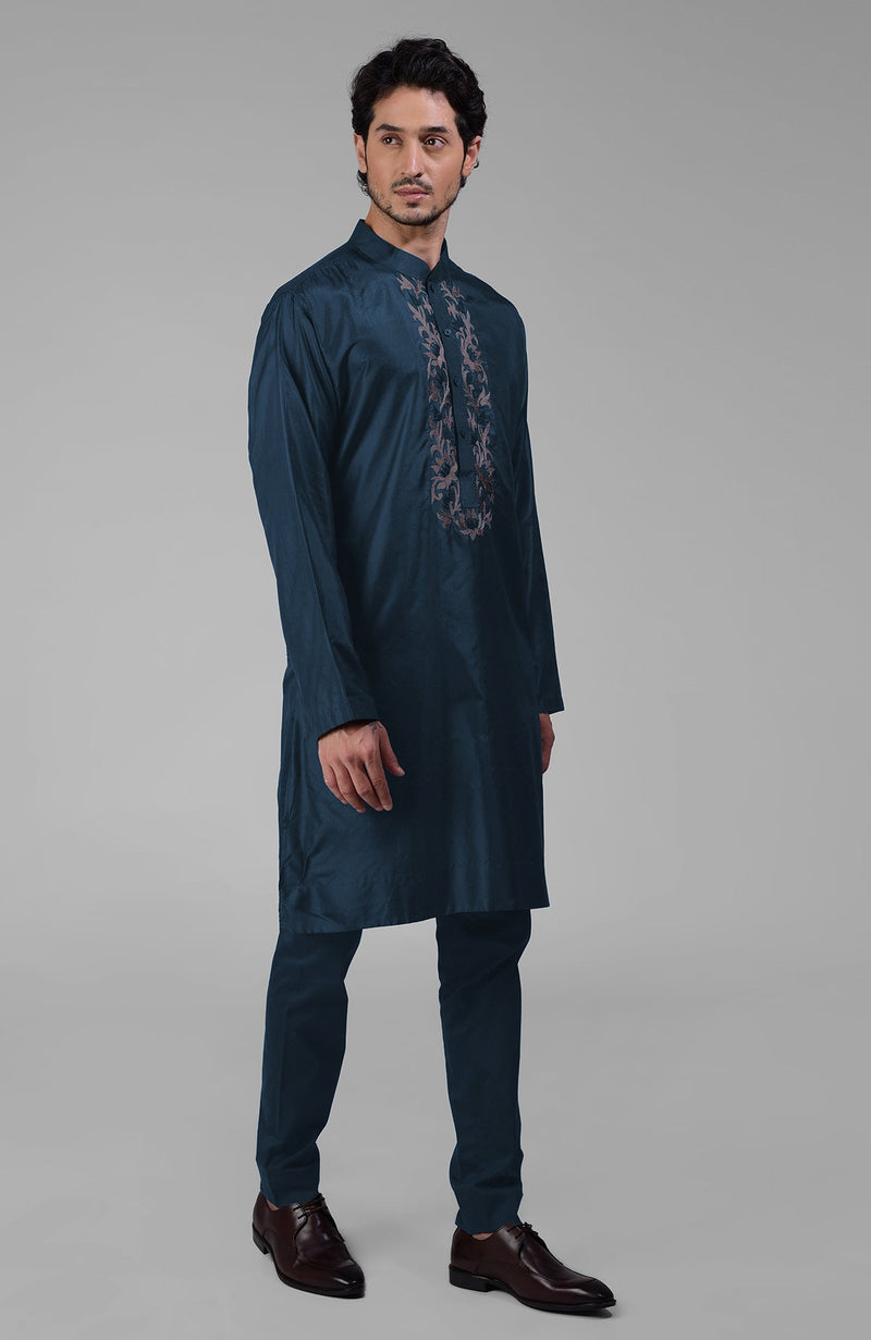 Teal Silk Kurta With Floral Embroidered Placket Detail