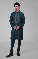 Teal Silk Kurta With Floral Embroidered Placket Detail