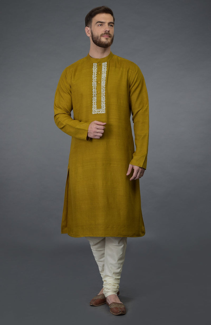 Mustard Pure Silk Kurta With Embroidered Placket Detail