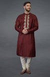 Burgundy Gold Tilla Embroidered Silk Kurta Set