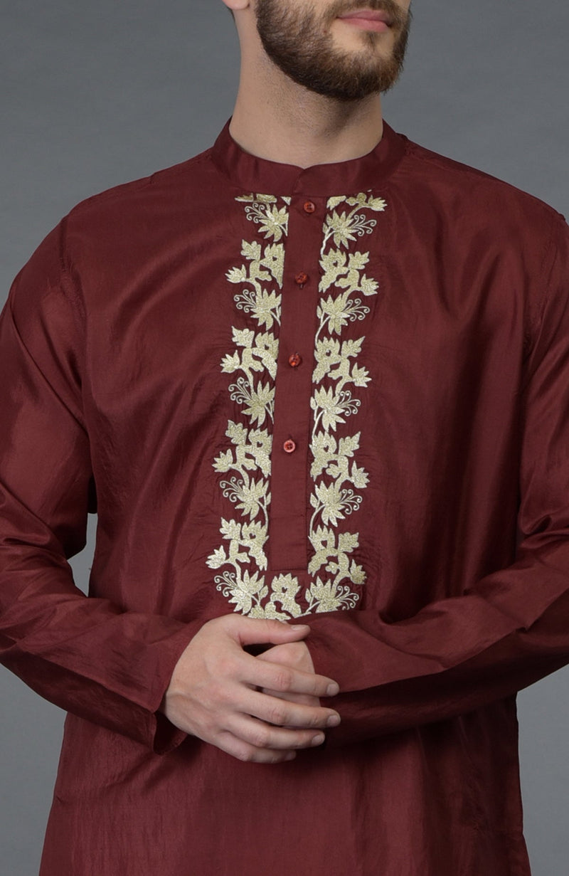 Burgundy Gold Tilla Embroidered Silk Kurta Set