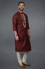 Burgundy Gold Tilla Embroidered Silk Kurta Set