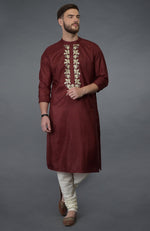 Burgundy Gold Tilla Embroidered Silk Kurta Set