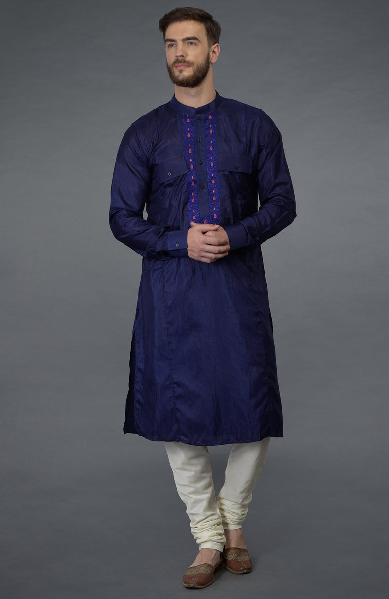 Ink Blue Embroidered Silk Kurta Set