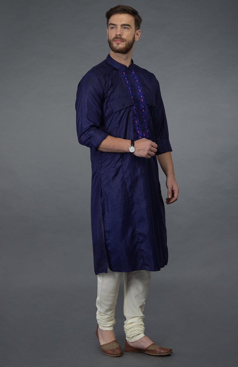 Ink Blue Embroidered Silk Kurta Set