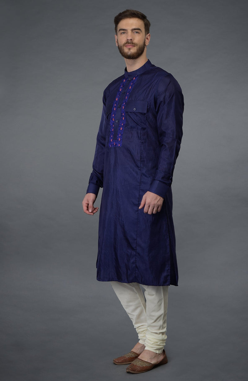 Ink Blue Embroidered Silk Kurta Set