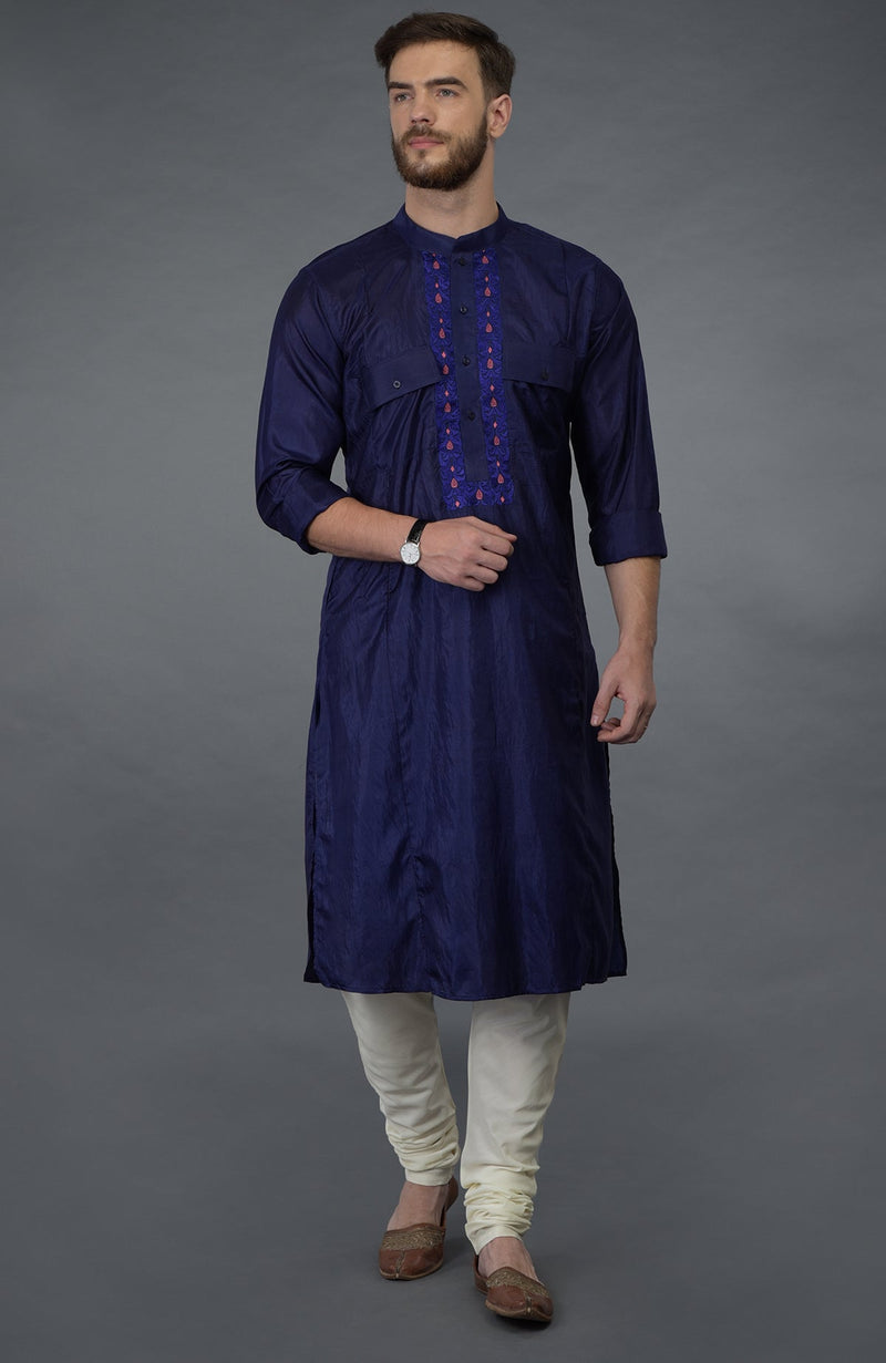 Ink Blue Embroidered Silk Kurta Set
