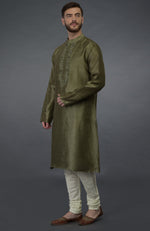 Olive Green Embroidered Pure Silk Kurta Set