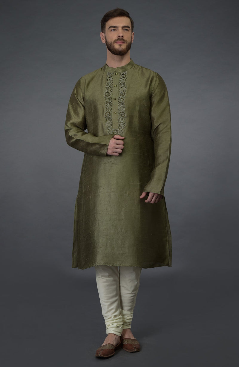 Olive Green Embroidered Pure Silk Kurta Set