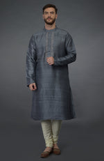 Grey Pure Silk Kurta With Embroidered Placket Detail