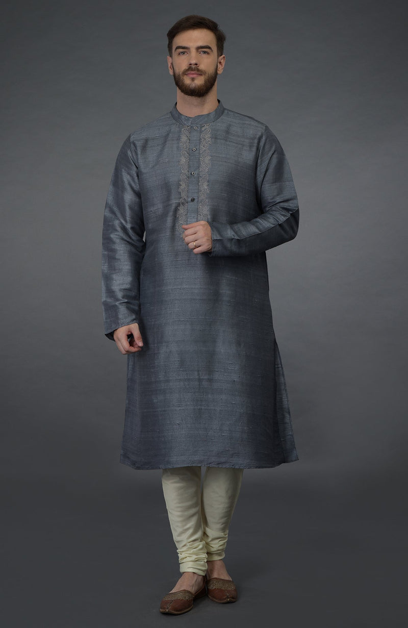 Grey Pure Silk Kurta With Embroidered Placket Detail