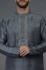 Grey Pure Silk Kurta With Embroidered Placket Detail