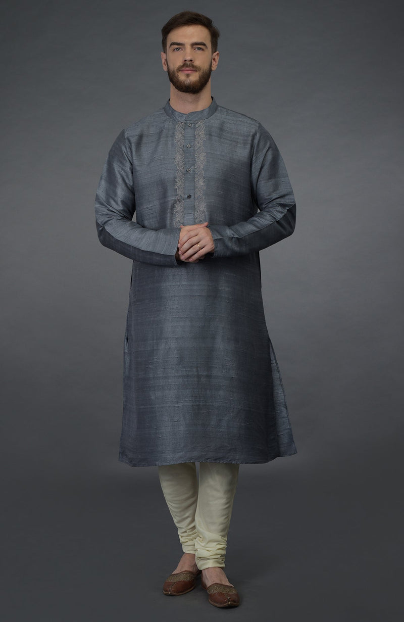 Grey Pure Silk Kurta With Embroidered Placket Detail