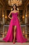 The Wine Crystal Couture After-Party Mini Dress With Dramatic Tulle Train