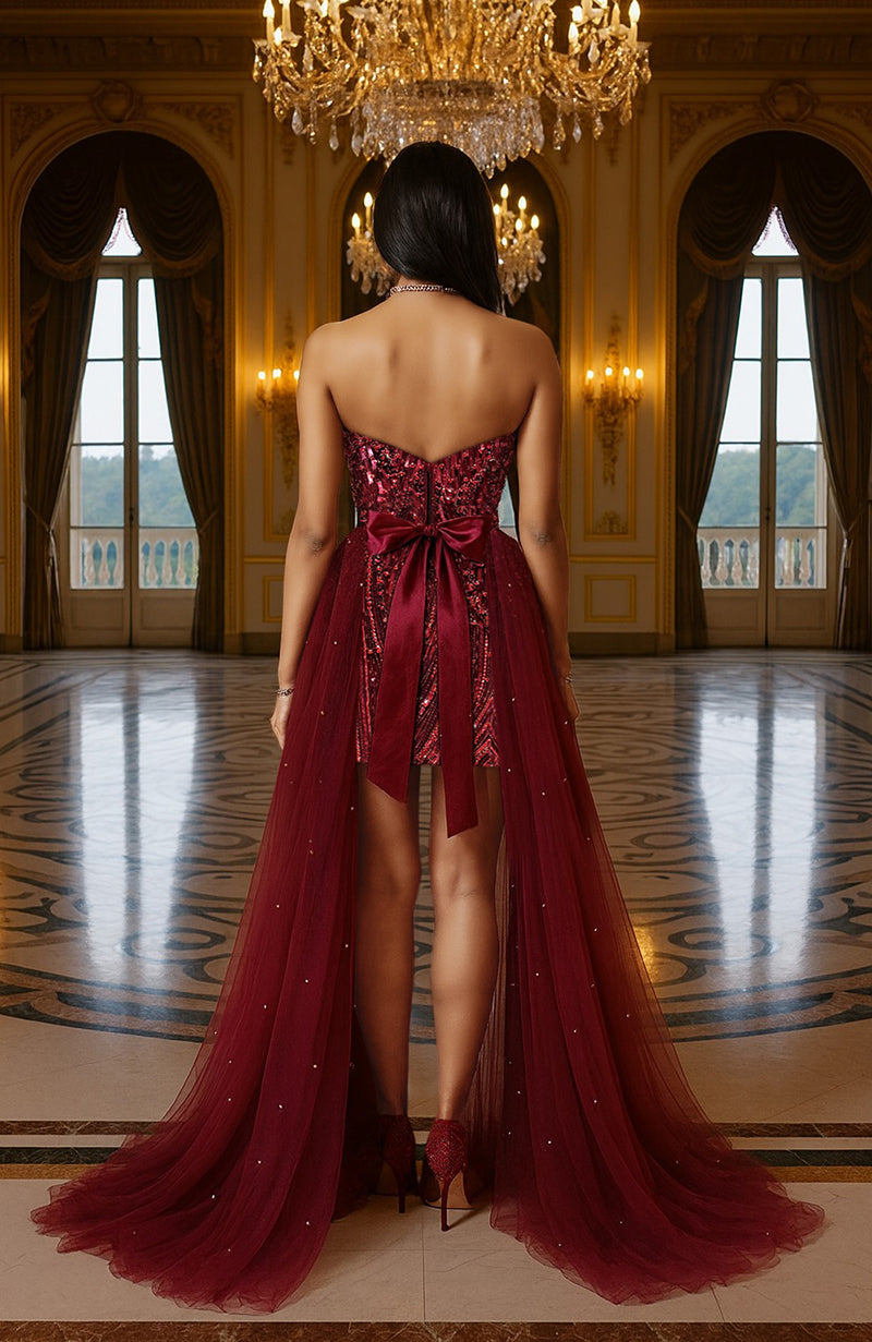 The Wine Crystal Couture After-Party Mini Dress With Dramatic Tulle Train