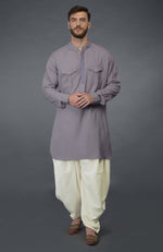 Lilac Grey Embroidered Linen Kurta Set
