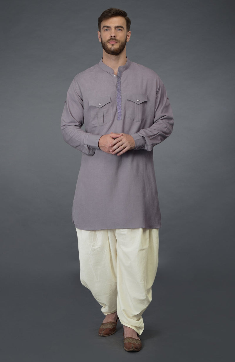 Lilac Grey Embroidered Linen Kurta Set
