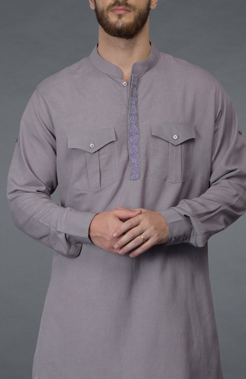 Lilac Grey Embroidered Linen Kurta Set