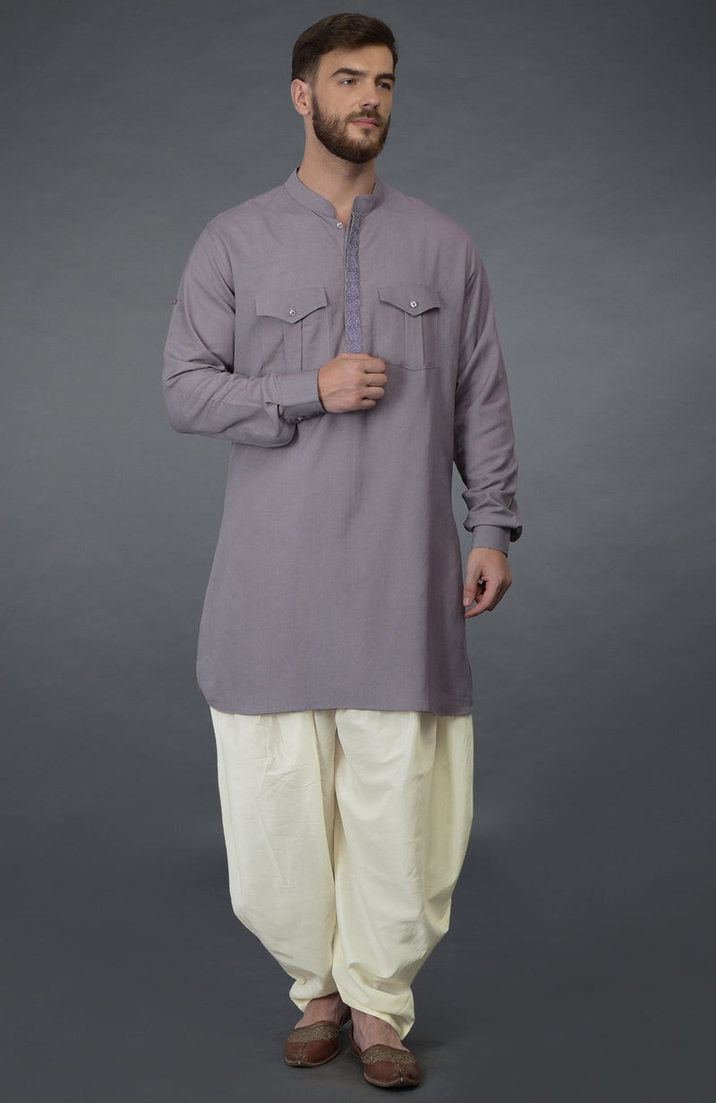 Lilac Grey Embroidered Linen Kurta Set
