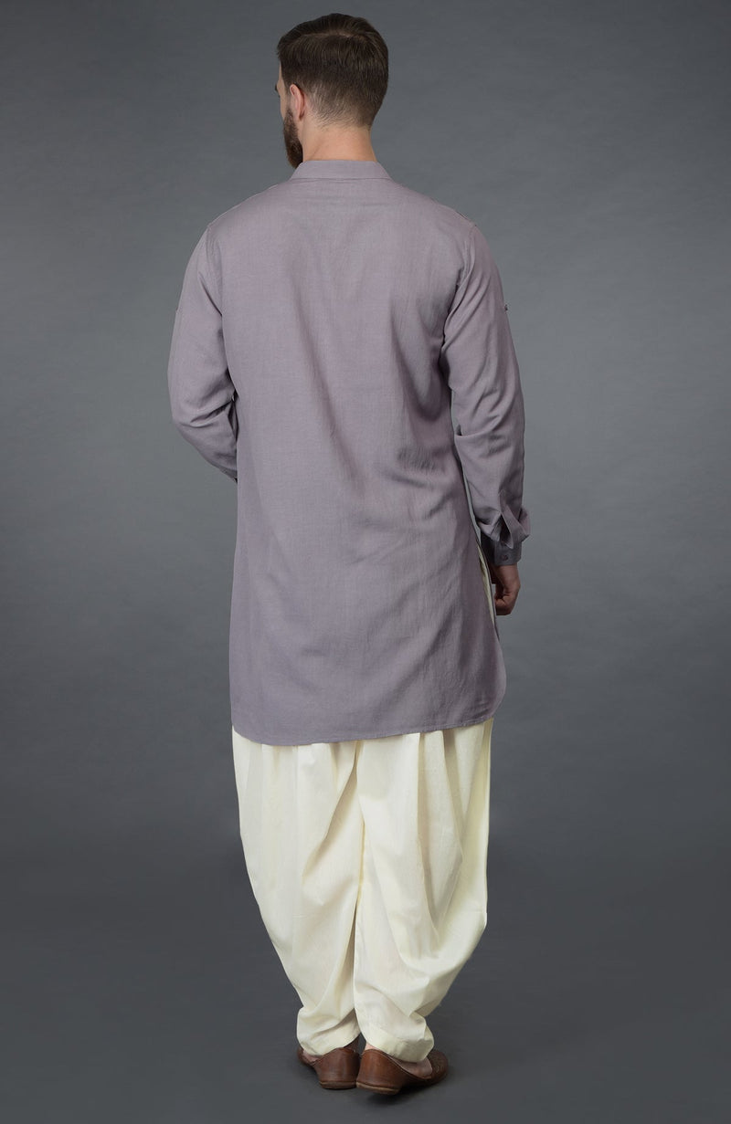 Lilac Grey Embroidered Linen Kurta Set