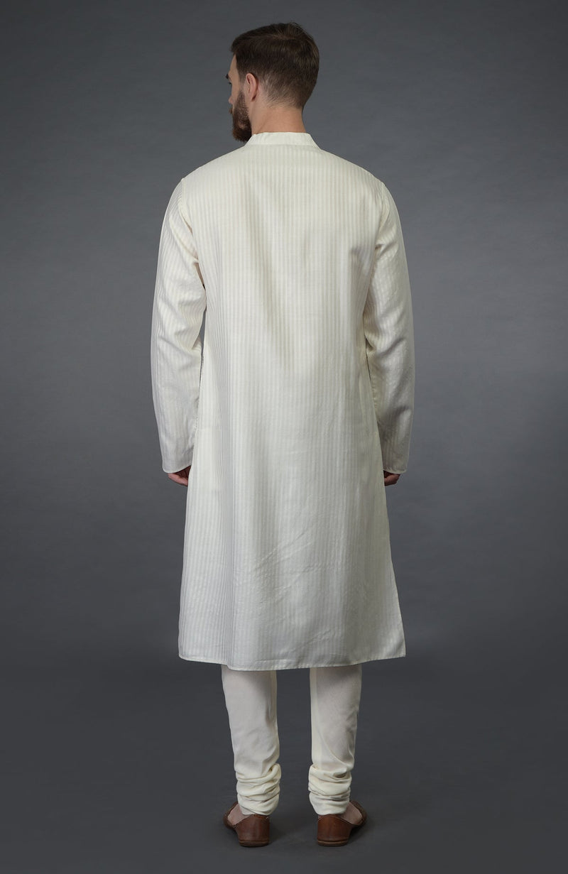 Ivory Self Weave & Black Kantha Striped Silk Kurta