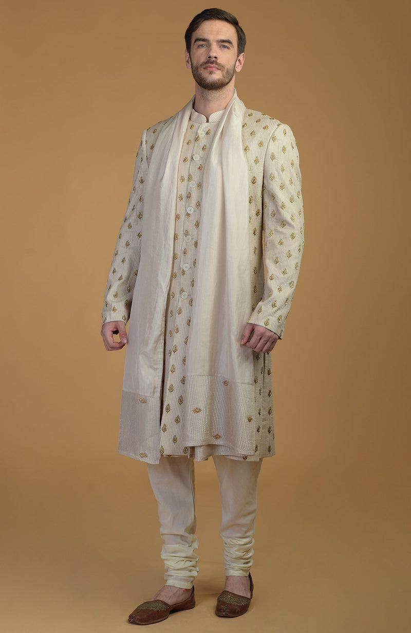 Cream Pintuck Zardozi Embroidered Sherwani Set With Dupatta