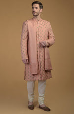 Peach Pintuck Zardozi Embroidered Sherwani Set With Dupatta