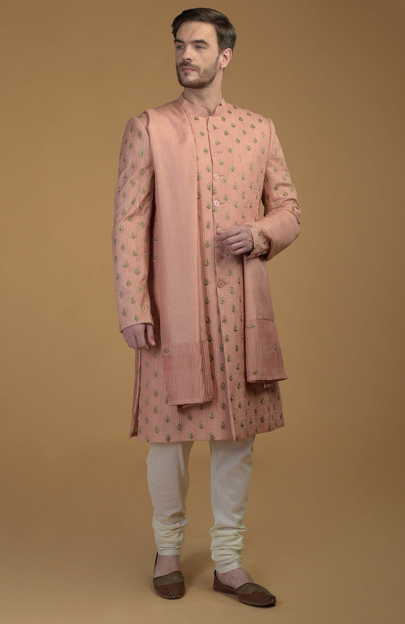 Peach Pintuck Zardozi Embroidered Sherwani Set With Dupatta